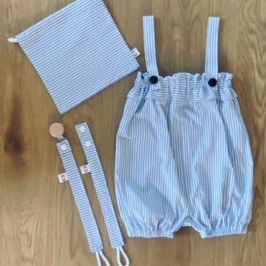 Coffret Naissance Salopette BERENICE blanc et bleu rayé - 12 mois