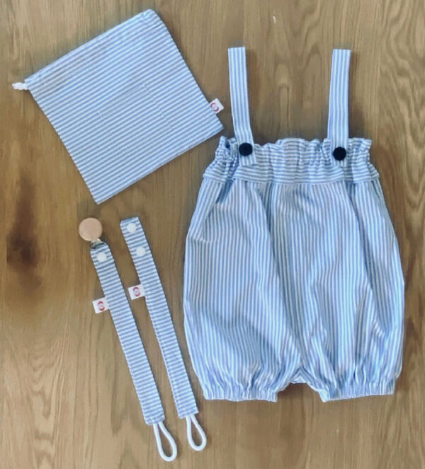 Coffret Naissance Salopette BERENICE blanc et bleu rayé - 12 mois
